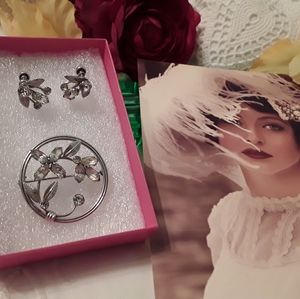 VINTAGE STERLING VanDell CRYSTAL BROOCH & EARRINGS